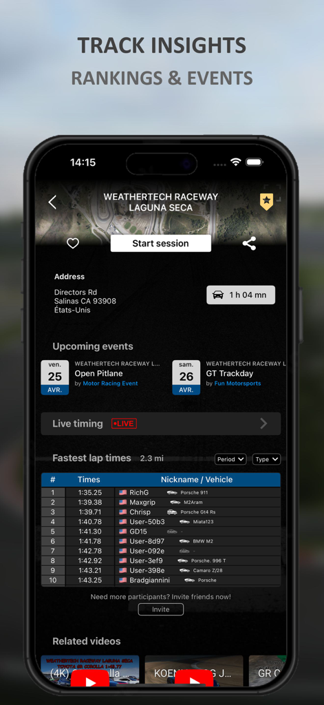 LapTrophy app screen displaying Laguna Seca track information and fastest lap leaderboards