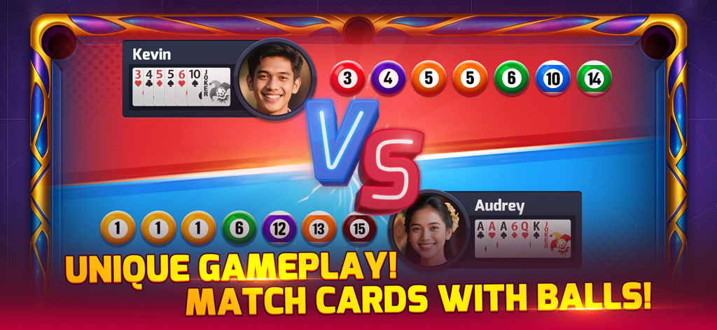 Billiards Party - Billiards Party versus screen showing the unique card mode gameplay where players match cards with pool balls.