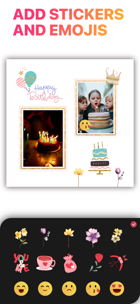 A birthday photo collage being decorated with festive stickers and fun emojis