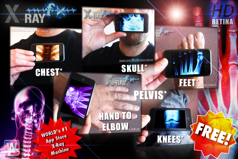 Screenshots of the Amazing X-Ray FX LITE prank app showing simulated x-ray scans of various body parts