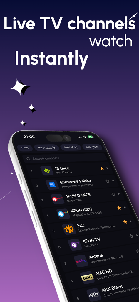 DaddyTV IPTV Player - Interface do aplicativo DaddyTV IPTV Player mostrando uma lista pesquisável de canais de TV ao vivo em um iPhone