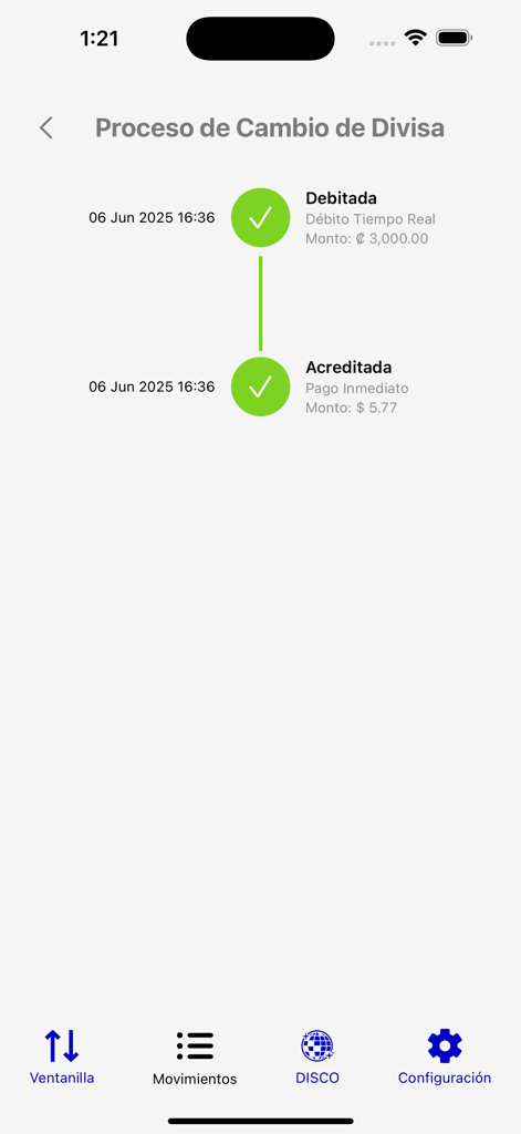 ARi: Finanzas Para Humanos - Mobile screen showing a completed currency exchange process from Costa Rican Colones to US Dollars
