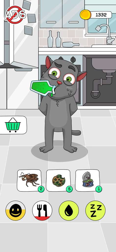 Talking Juan - Troll Juan - Personnage Talking Juan buvant une potion verte dans une cuisine avec des icônes d'interface de jeu