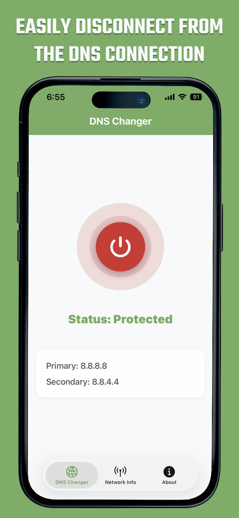 Custom DNS Changer IPV4 & IPV6 - Custom DNS Changer app interface showing a protected connection status with Google DNS primary and secondary IP addresses.