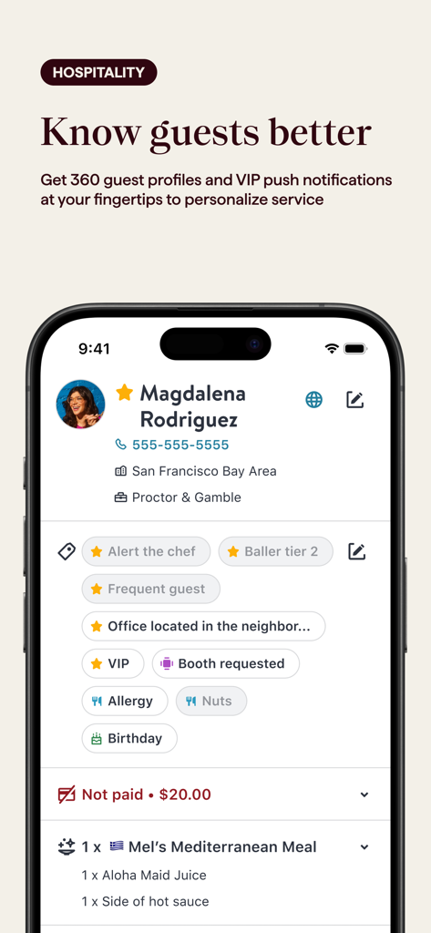 OpenTable for Restaurants guest profile showing VIP tags and dining preferences