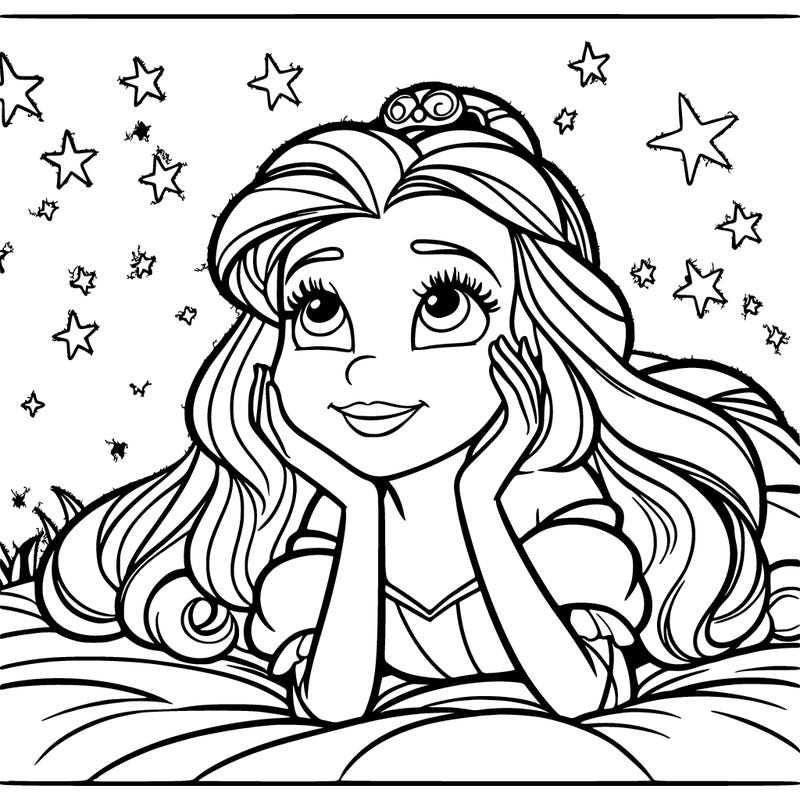 a princess lying on her back on a blanket, looking up at the stars with a dreamy expression.