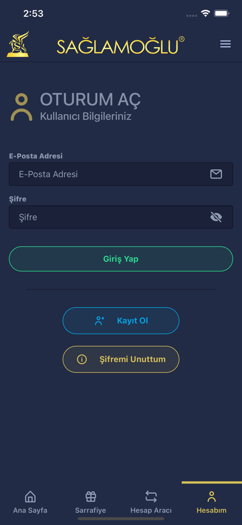 Página de login do aplicativo de rastreamento de ouro e moedas Saglamoglu Altin.