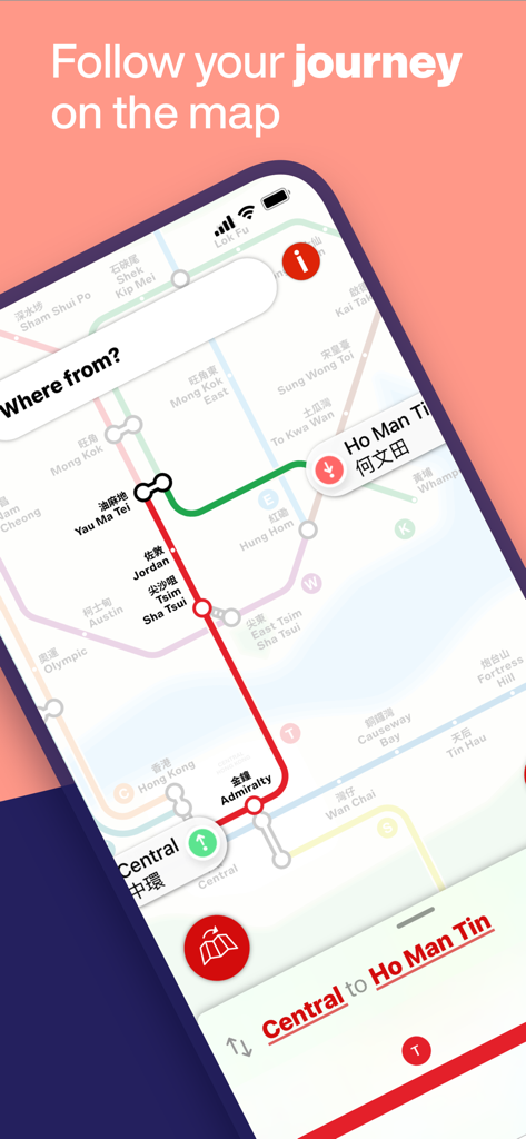 Hong Kong Metro Map & Routing - Ein mobiler Bildschirm, der eine Nahverkehrsroute von Central nach Ho Man Tin auf der Hong Kong Metro Karte mit zweisprachigen Stationsnamen anzeigt.