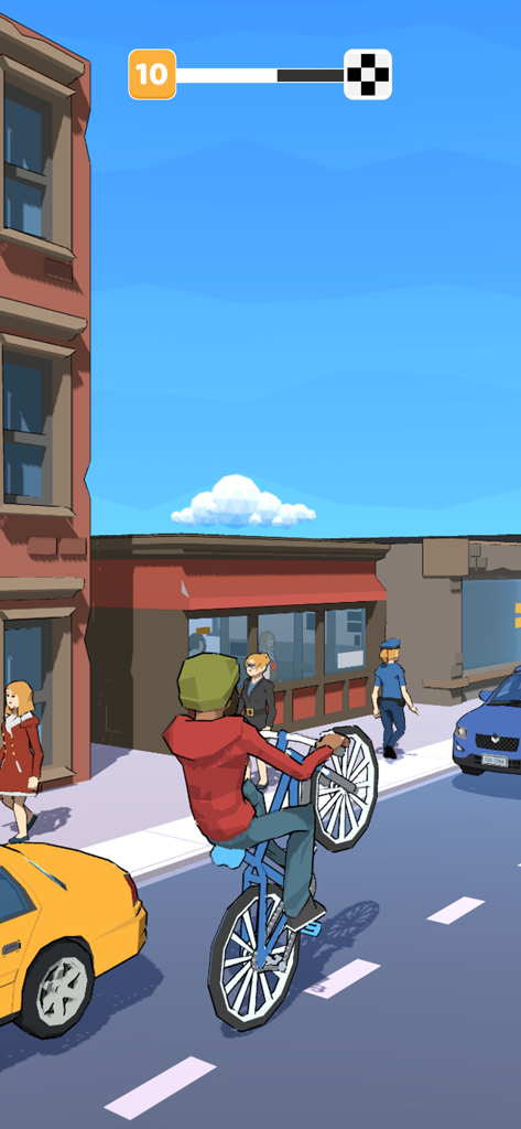 Wheelie Up - Character performing a wheelie on a blue bicycle in a city street setting