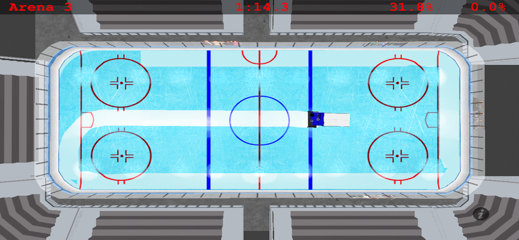 Top down view of a Zamboni machine cleaning the ice rink in a hockey arena