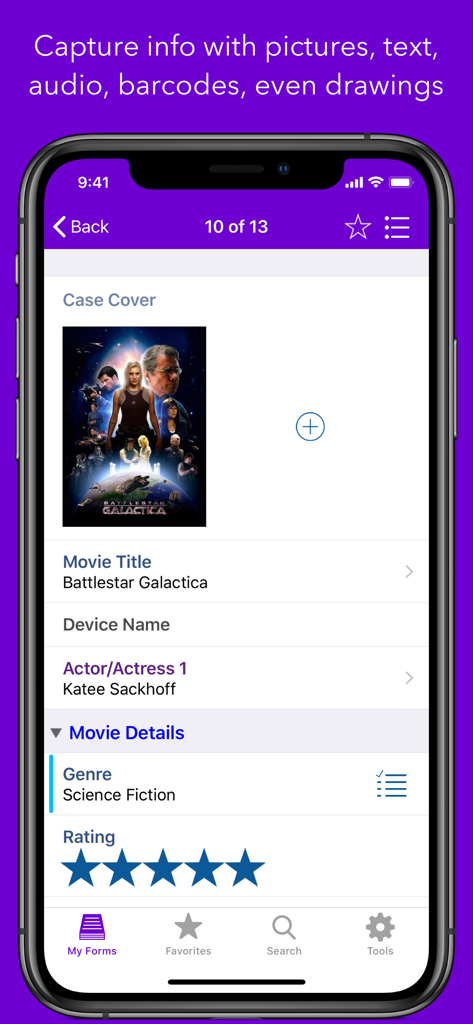 Tap Forms Organizer 5 Database - Interfaz de la aplicación móvil Tap Forms 5 que muestra un registro de base de datos de películas con campos personalizados y calificaciones de estrellas