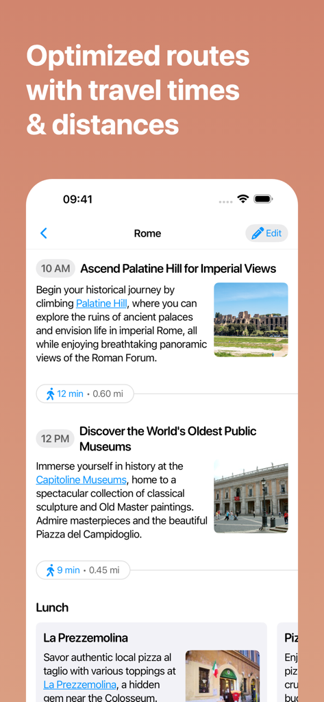 TravelBuddy AI App-Oberfläche, die eine Rom-Route mit Gehzeiten und Entfernungen zwischen Sehenswürdigkeiten anzeigt