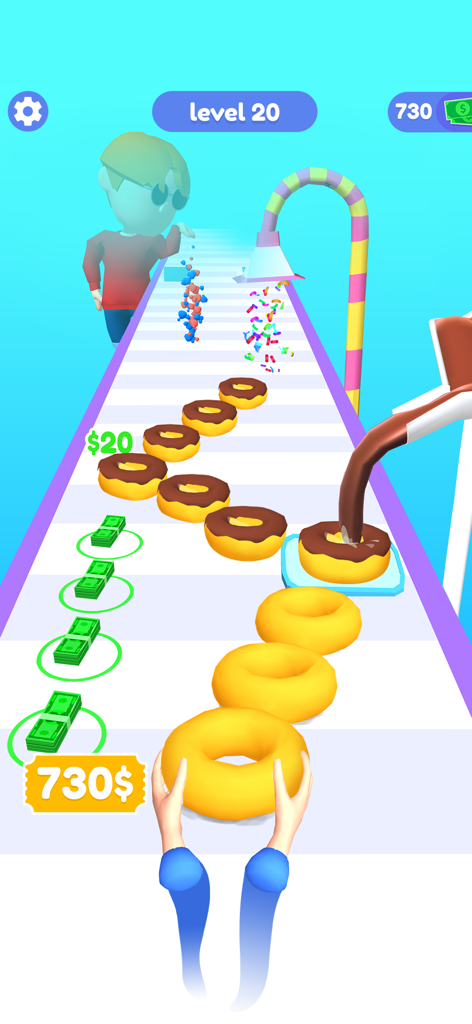 Bakery Stack Cooking Games - A 3D mobile game screen showing a player stacking donuts on a track while collecting cash and adding chocolate glaze