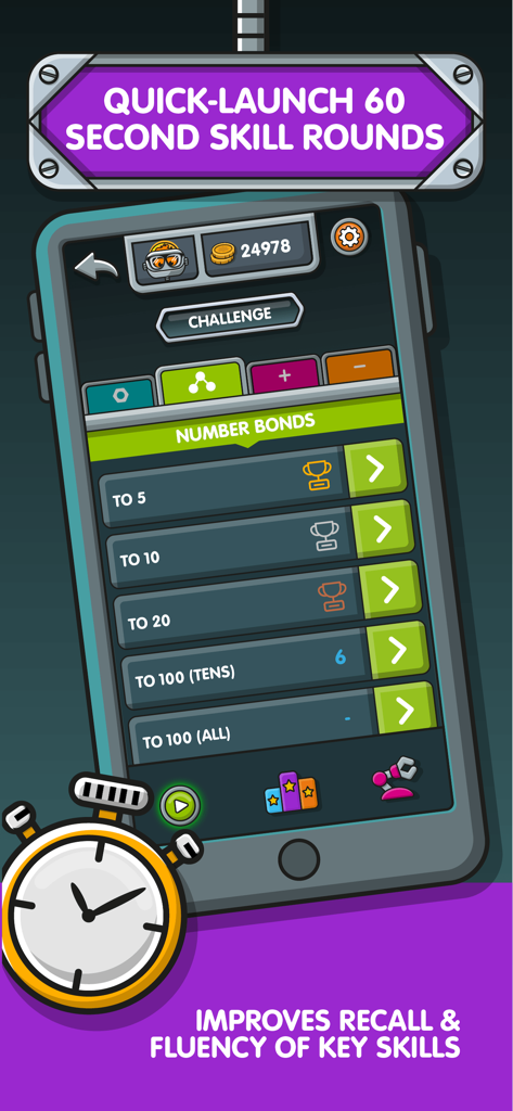 NumBots app interface showing number bonds challenges and a sixty second stopwatch for math skill rounds.