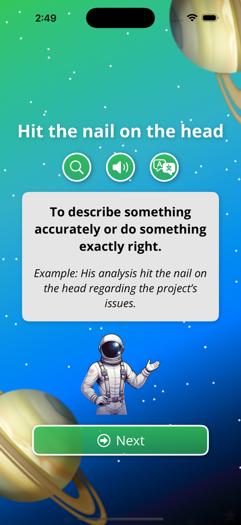 Écran de l'application WordVibes montrant la définition et un exemple d'utilisation pour l'expression idiomatique 'hit the nail on the head' avec une illustration d'astronaute