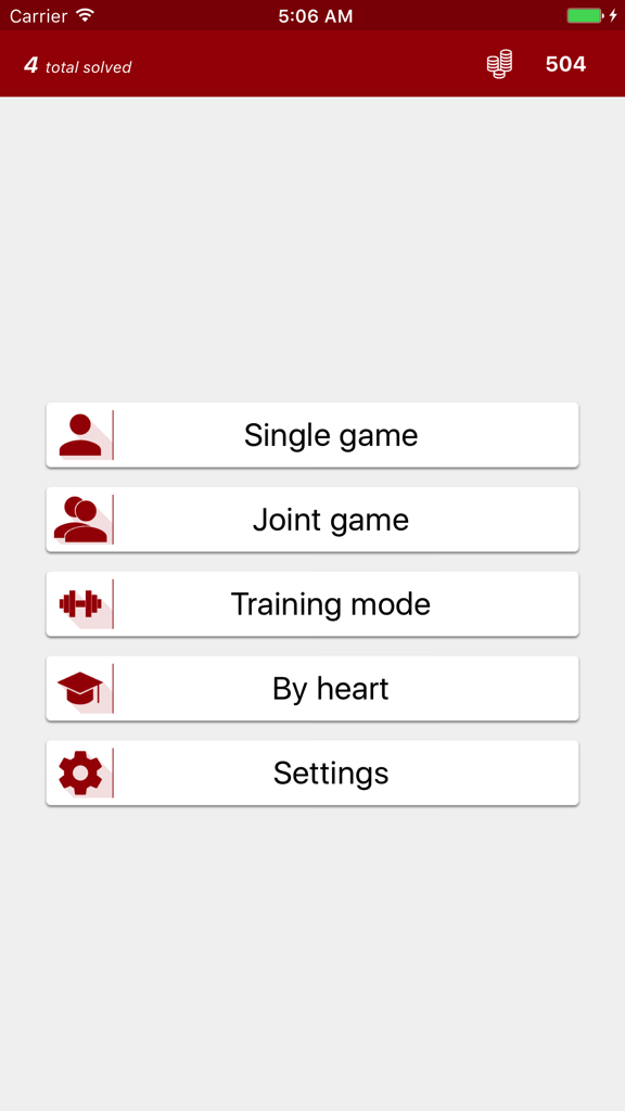 Menu principale dell'app Math Tricks che mostra le modalità di gioco inclusi gioco singolo, gioco congiunto e modalità allenamento