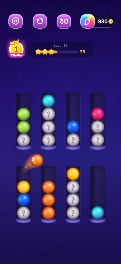 Ball Sort - Color Puzzles - Gameplay of Ball Sort Color Puzzles showing colored balls and mystery balls in tubes