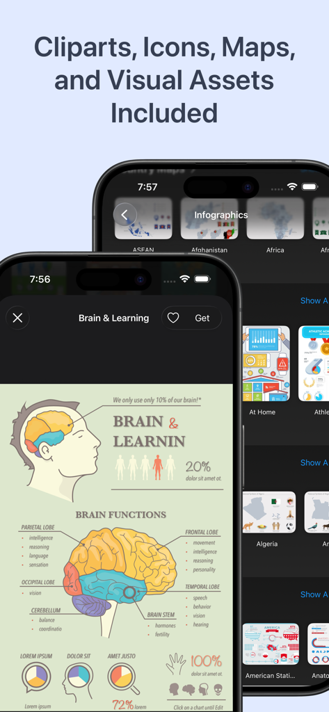 Toolbox for Microsoft Word - A mobile app screen showing a collection of infographic templates for Microsoft Word including a detailed brain anatomy diagram and various maps.