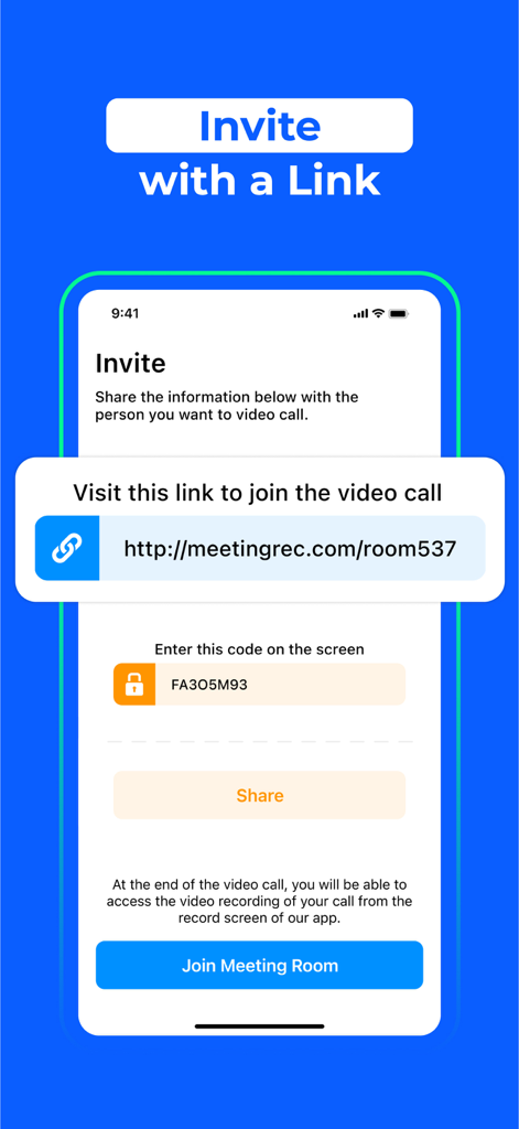 Interface do aplicativo Flick AI Note Taker mostrando uma tela de convite para chamada de vídeo com um link e código da sala.