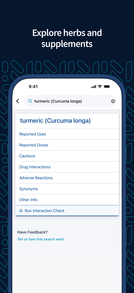 Epocrates mobile app screen showing herbal supplement information for turmeric
