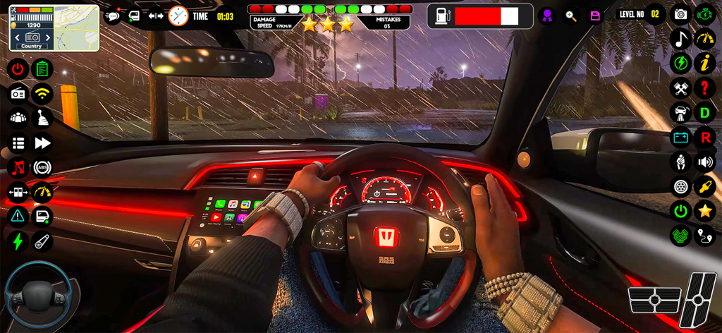 Urban Hard Park & Keep in Rule - Vista en primera persona del interior de un coche de lujo durante una misión de conducción nocturna lluviosa en Urban Hard Park