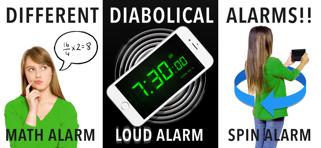 Alarm Clock - Un collage que muestra tres características únicas de alarma: Alarma de Matemáticas, Alarma Fuerte y Alarma Giratoria, diseñadas para despertar a personas que duermen mucho.