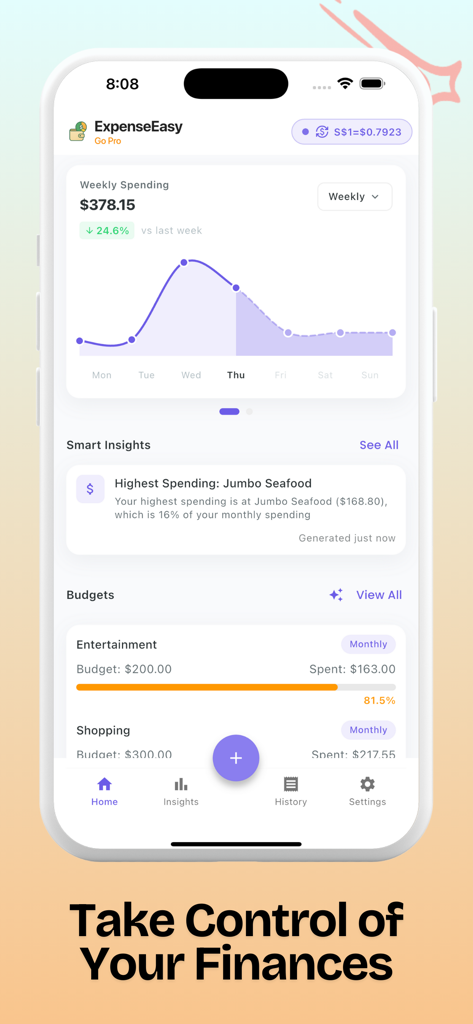 Expense Easy: AI Money Tracker - Expense Easy home screen showing a weekly spending graph and budget status.