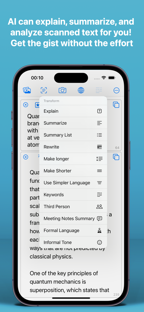 TLDR app interface showing a menu of AI text transformation tools like summarize, explain, and rewrite over a text about quantum mechanics.