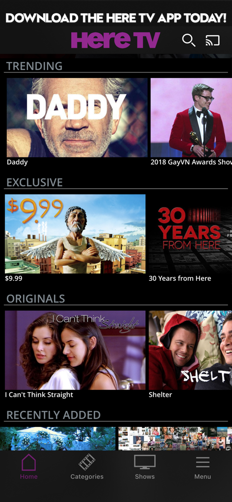 Here TV app home screen showing a curated library of LGBTQ movies and original series.