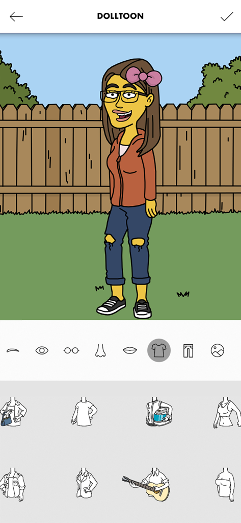 Um personagem de desenho animado amarelo sendo personalizado na interface do aplicativo Dolltoon com várias opções de roupas e características faciais