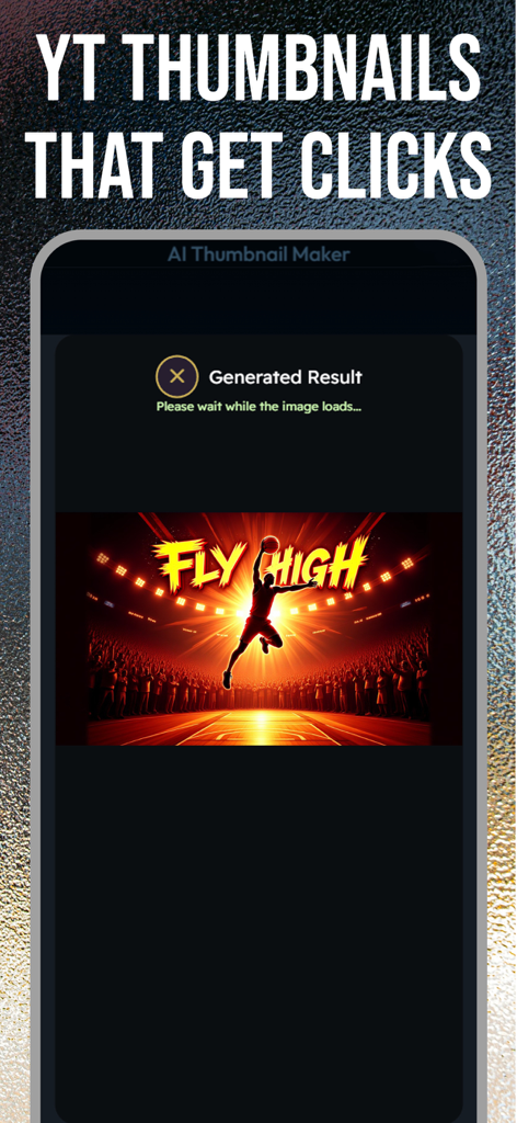 Thumbnail Maker: YT Studio Art - Miniatura de baloncesto generada por IA para YouTube con el texto Fly High en la pantalla de un smartphone