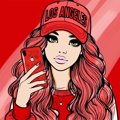 realistic beautiful girl wearing los ángeles cap holding an iphone