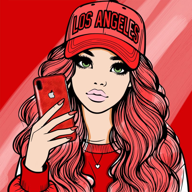 realistic beautiful girl wearing los ángeles cap holding an iphone