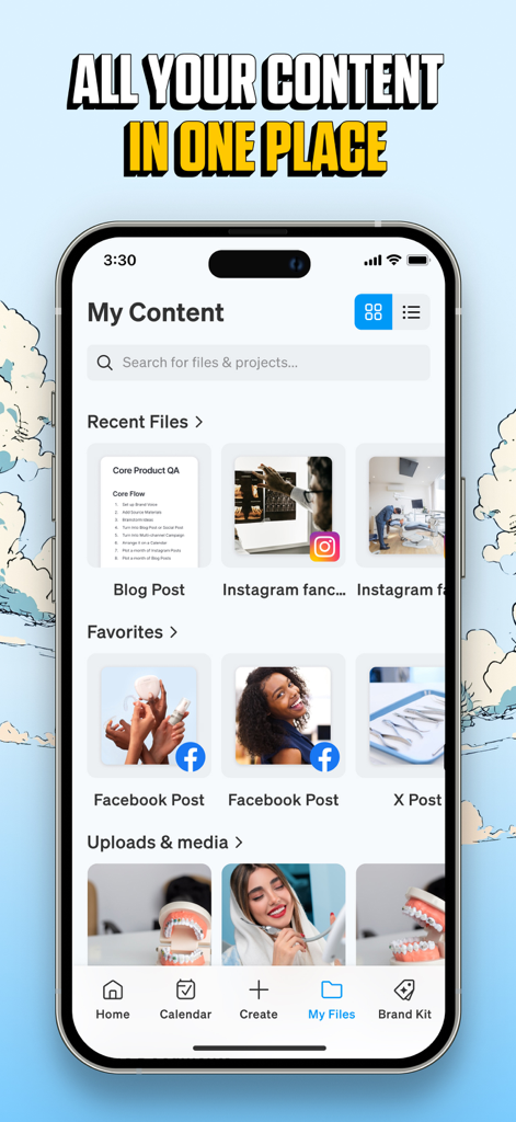 Blaze AI - Application mobile Blaze AI montrant un tableau de bord central pour les publications sur les réseaux sociaux et le contenu marketing.