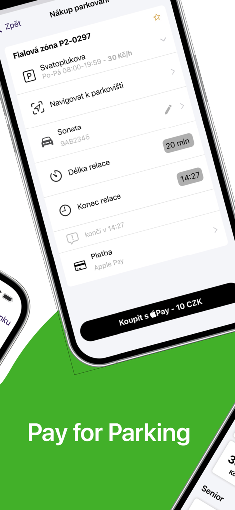 PID Lítačka - PID Litacka mobile app interface showing parking payment options in Prague using Apple Pay