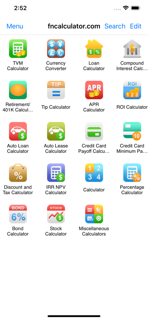 Main menu of the EZ Financial Calculators Pro app showing various icons for loan, retirement, and investment calculators.