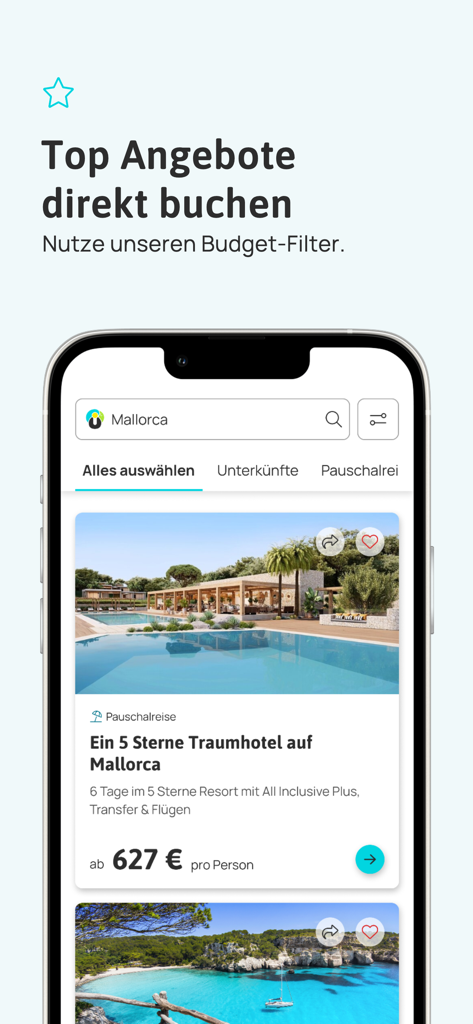 Urlaubsguru - Reisen & Urlaub - App mobile Urlaubsguru che mostra un'offerta di hotel a 5 stelle a Maiorca con opzione di filtro budget.