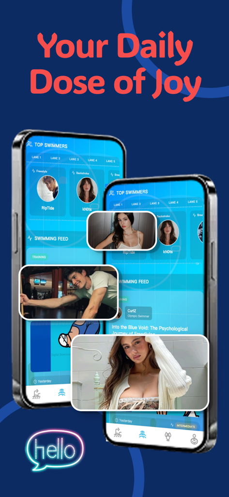 Velo app screen showing the top swimmers leaderboard and community training feed