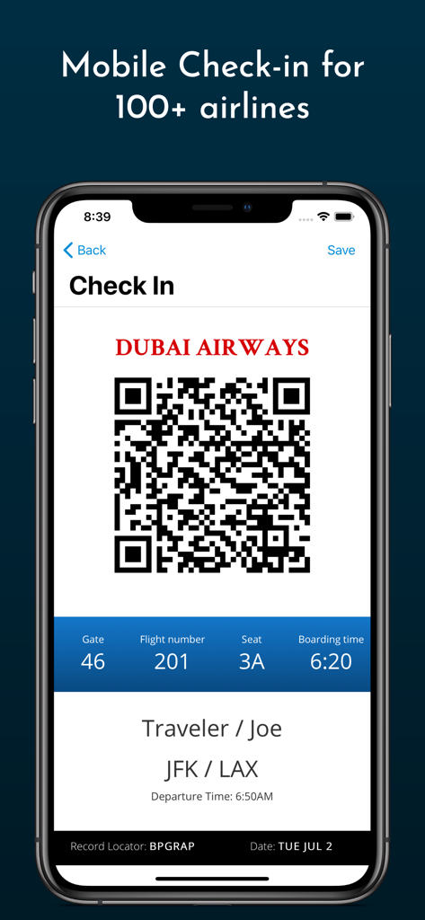 Digital boarding pass for Dubai Airways flight from JFK to LAX shown on an iPhone