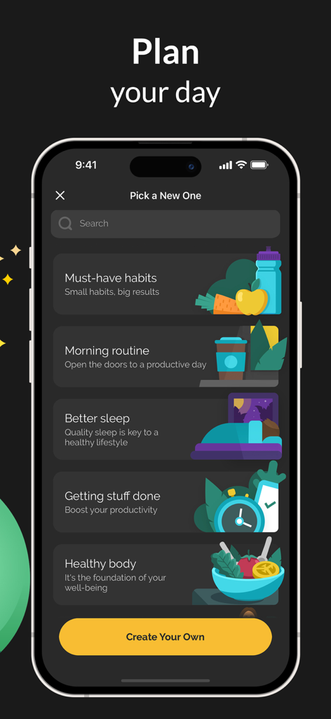 Pantalla de selección de hábitos en la aplicación Productive que presenta categorías como rutina matutina y dormir mejor.