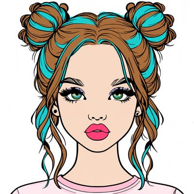 realistic girl with two buns in hair and lips