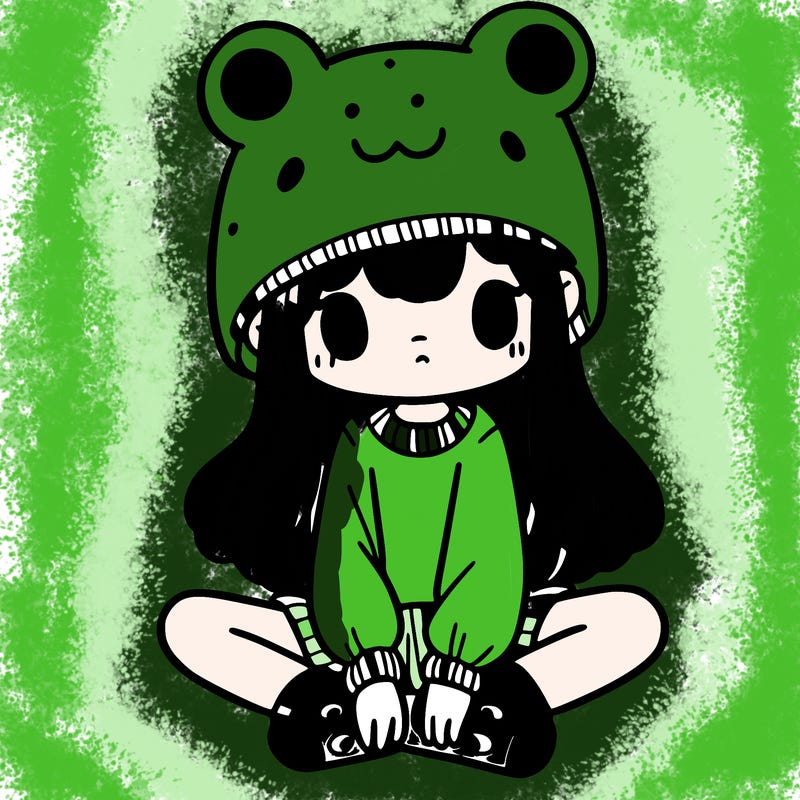 a girl wearing a frog hat and some frog socks