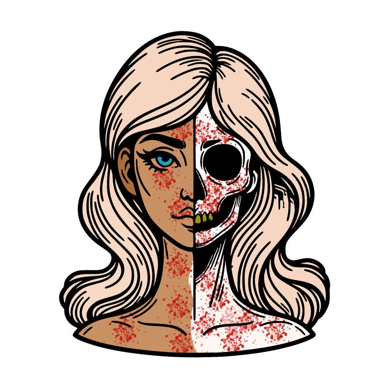 bust of a woman, half face and hair, half skull