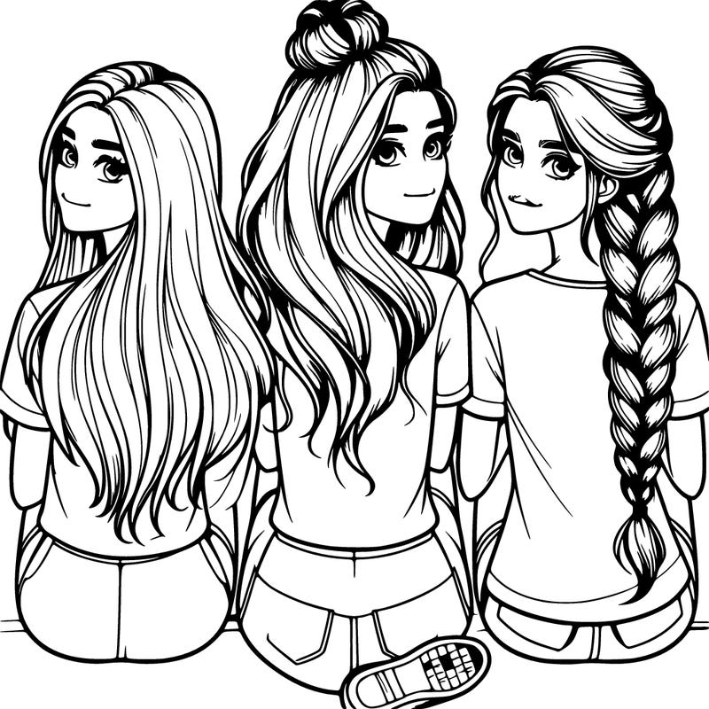 realistic group of three girls one with long hair and one with shoulder length hair and one with a braided bun sitting down from behind