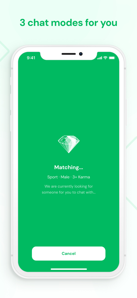 Emerald Chat app matching screen showing search filters for sports male users with high karma