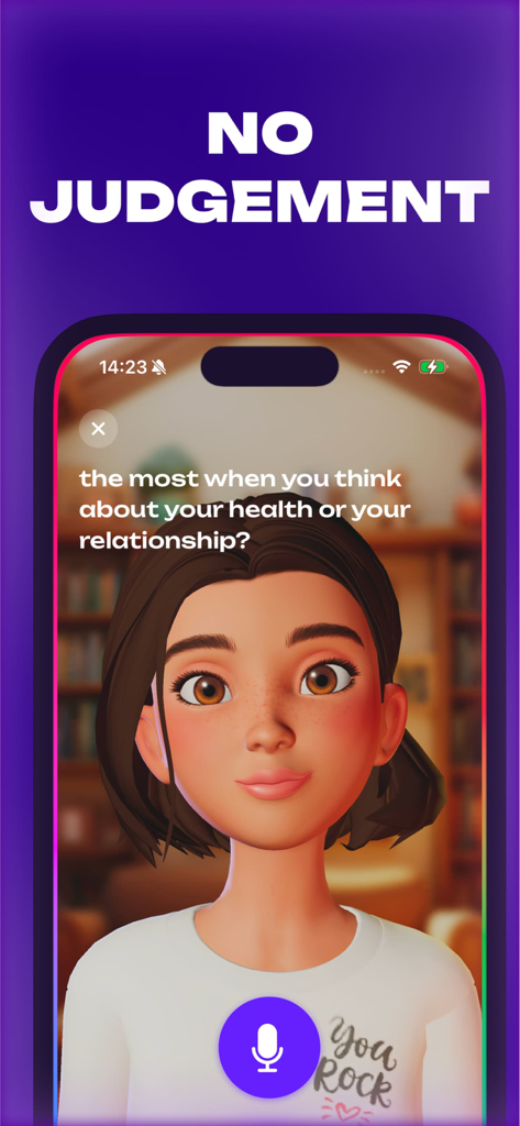 Emily: AI Life Coach - Emily AI Life Coach character on a smartphone screen with the text No Judgement