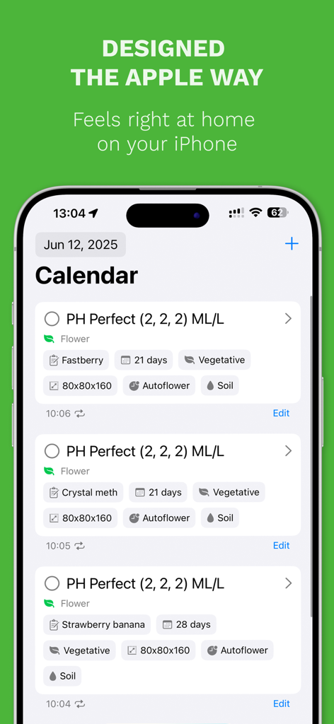 Screenshot of the Grow Point app calendar view displaying scheduled plant care tasks and nutrient logs on an iPhone