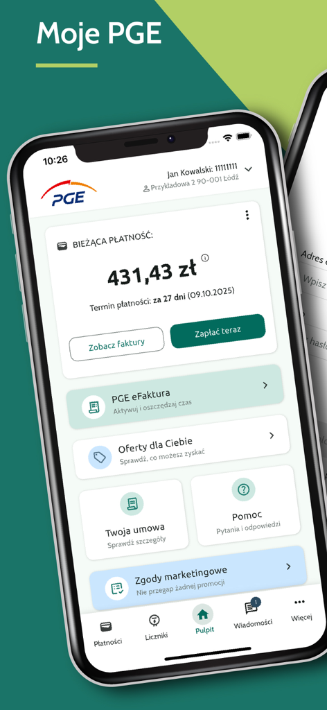 Moje PGE - Moje PGE mobile app interface showing current electricity bill and payment options