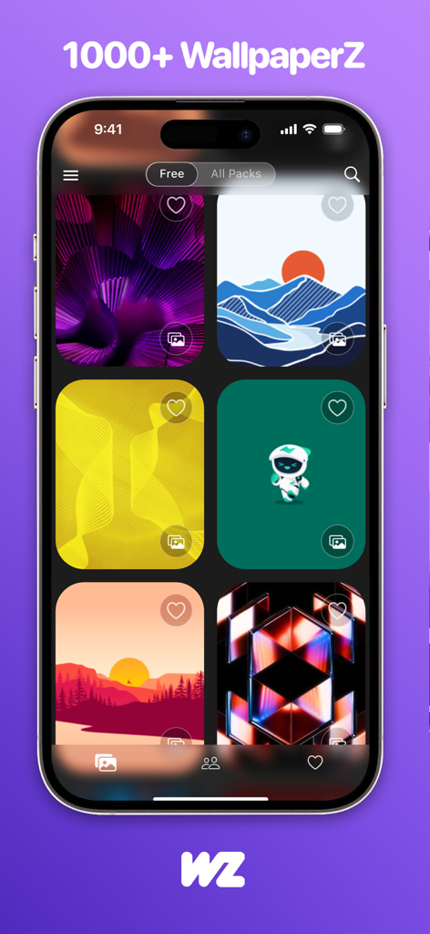 WallpaperZ - 8K Wallpapers - WallpaperZ App-Oberfläche mit einem Raster verschiedener 8K-Hintergrundbild-Designs auf einem iPhone