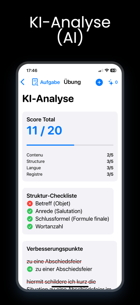 AI analysis screen of a German letter showing a score breakdown for content and structure plus grammar corrections